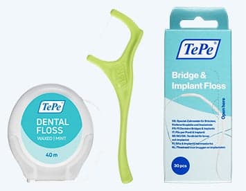 TePe Dental Floss, Mini Flosser and Bridge & Implant floss on white background